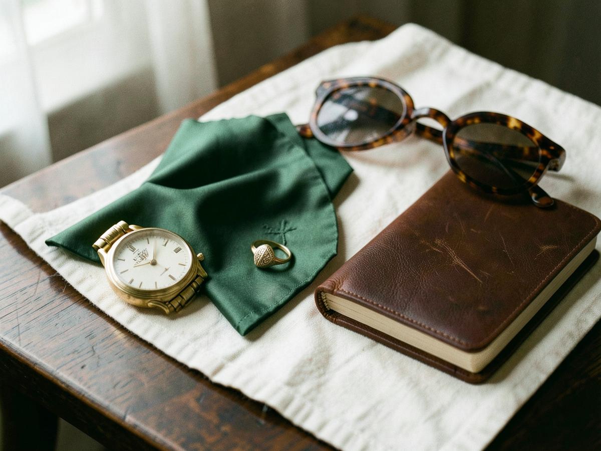 Gold wristwatch, signet ring, green silk pocket square and tortoiseshell sunglasses on linen