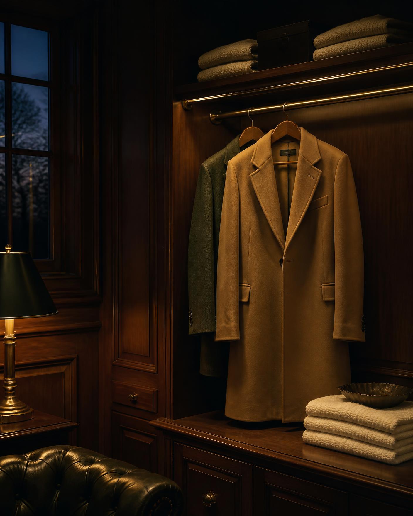 A wood-panelled dressing room at dusk with a camel overcoat and green blazer on a brass rail
