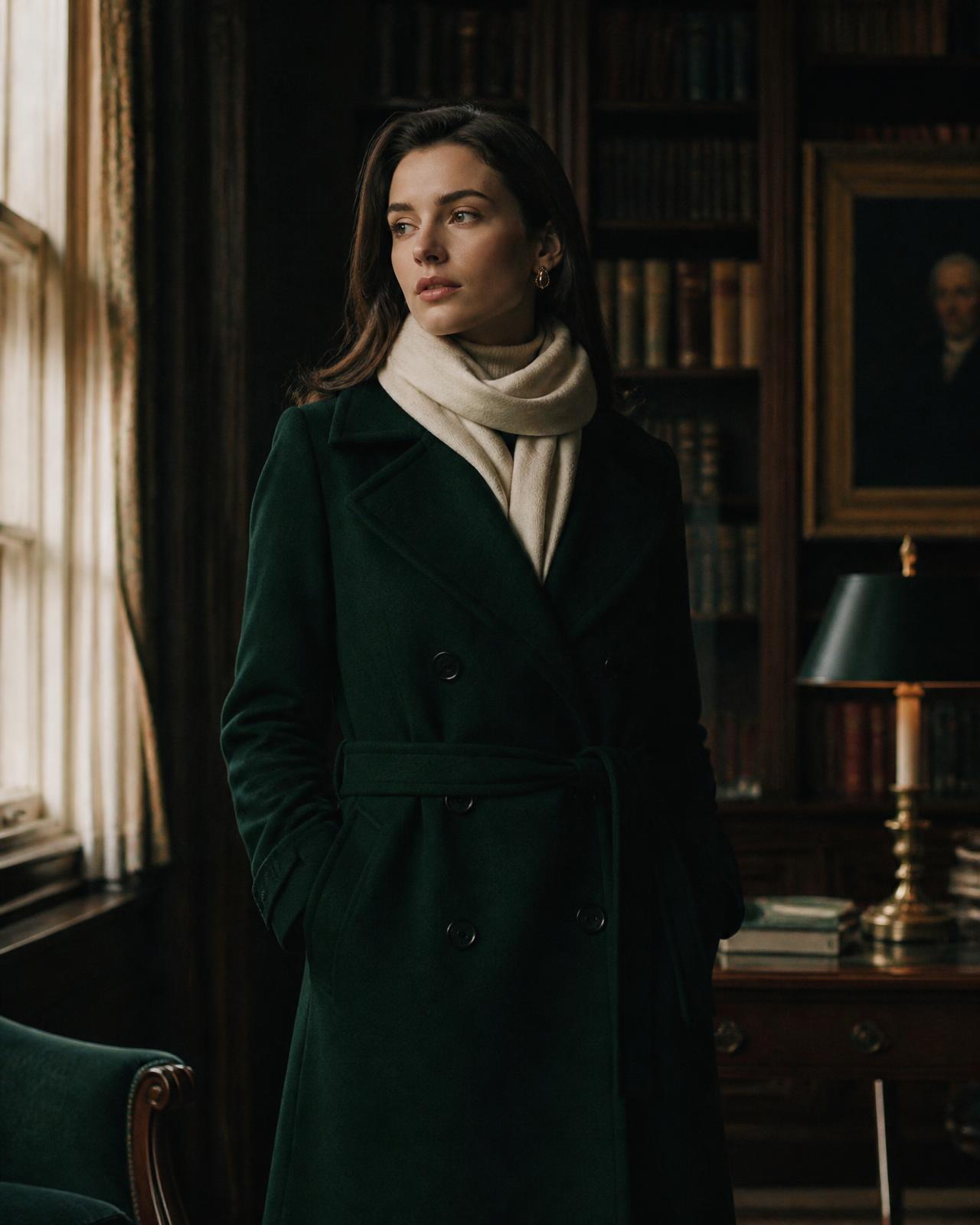 Deep green tailored coat with a cream cashmere scarf in a wood-panelled library